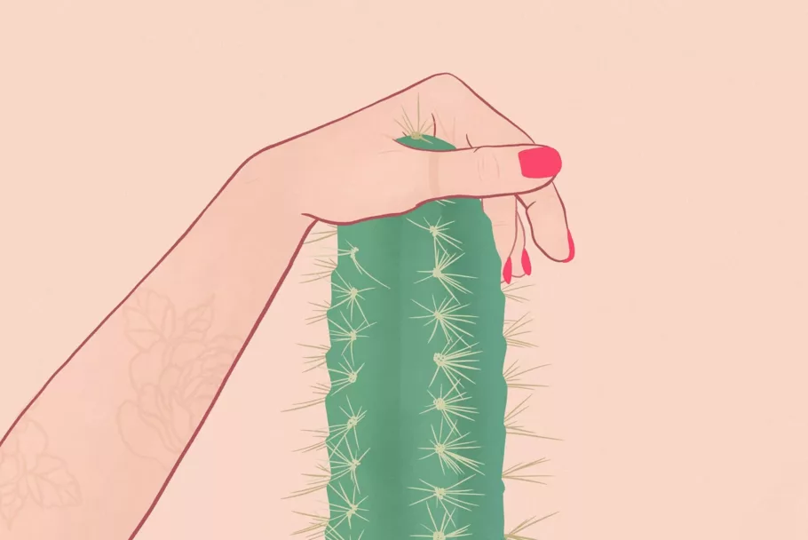 Na rysunku dłoń z czerwonymi paznokciami obejmuje czubek kaktusa o fallicznym kształcie.