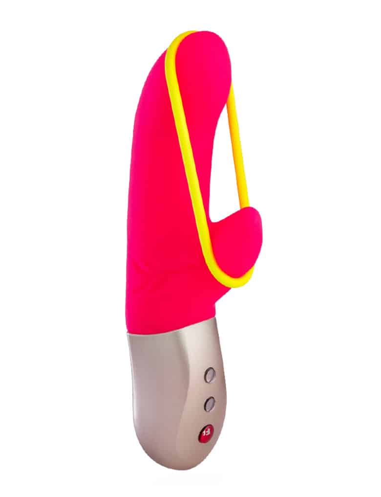 Wibrator króliczek Fun Factory Amorino z uchwytem w metalicznym kolorze i różowym trzonem, z żółtą gumką.