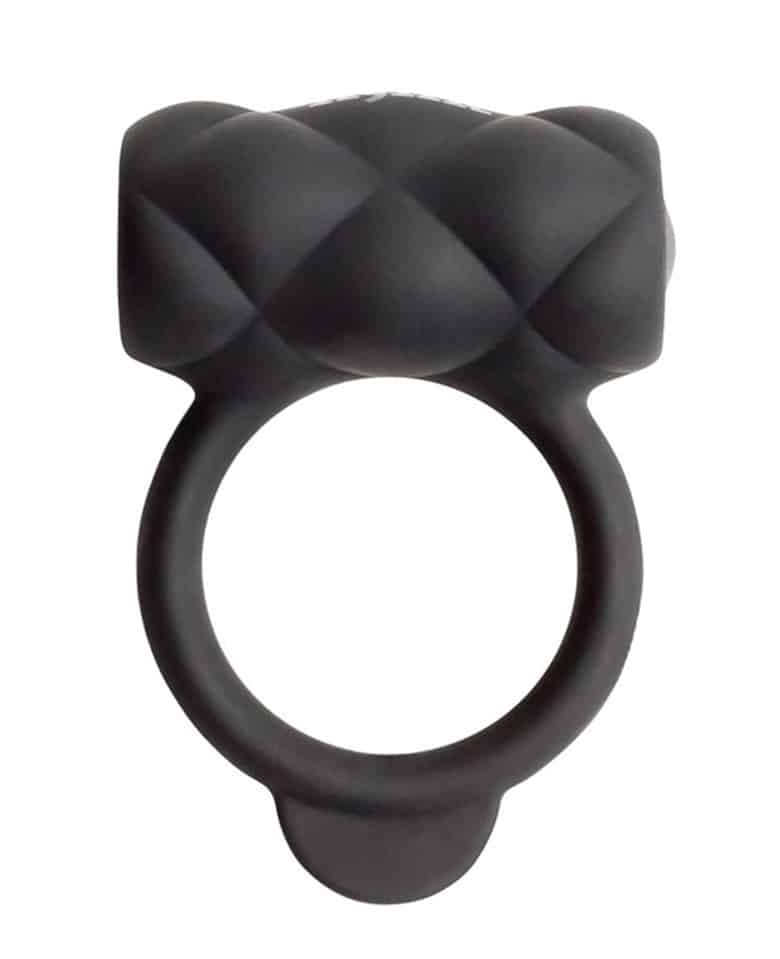 Czarny pierścień K;nk Control Me z wąską, silikonową obręczą i wibrującą częścią w kształcie naboju z wzorem w wypukłe romby.