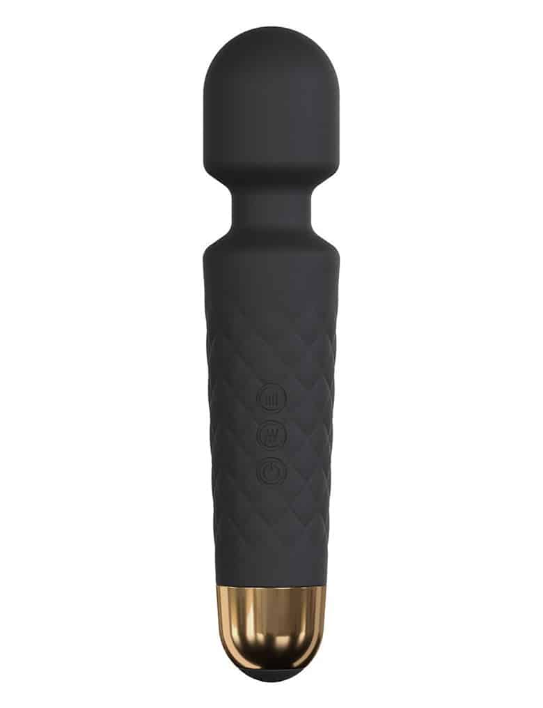 Masażer różdżka Dorcel Wanderful ma kształt mikrofonu, czarny kolor i złoty element na końcu rączki o pikowanym wzorze.