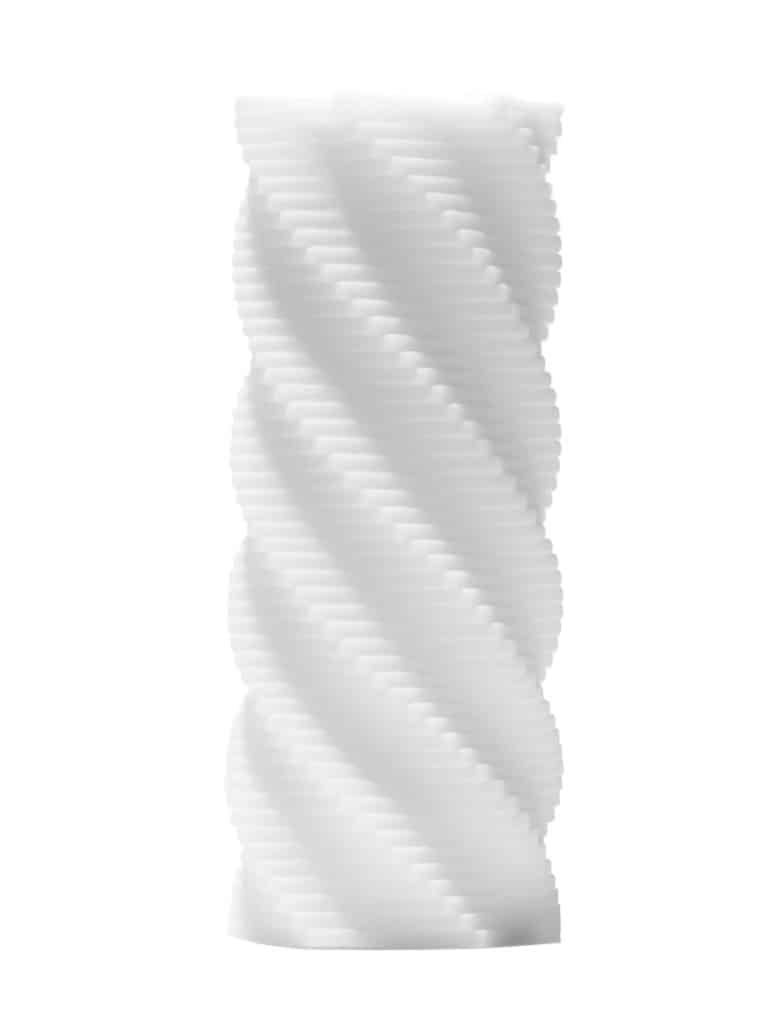Masturbator Tenga 3D Spiral jest cały biały. Ma prążkowaną powierzchnię i kształt wieży ze spiralnymi wyżłobieniami.