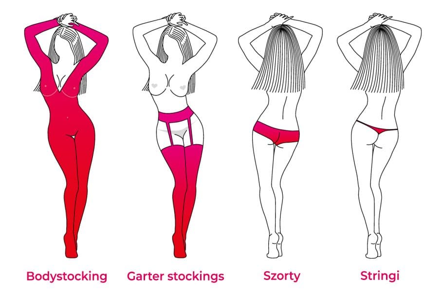Schematyczne rysunki pokazują 4 fasony bielizny: bodystocking na całe ciało, garter stockings, szorty i skąpe stringi.