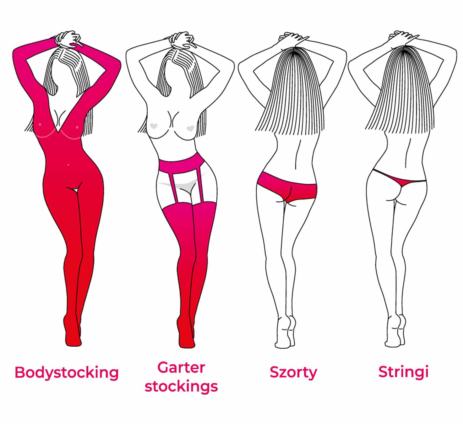 Schematyczne rysunki pokazują 4 fasony bielizny: bodystocking na całe ciało, garter stockings, szorty i skąpe stringi.