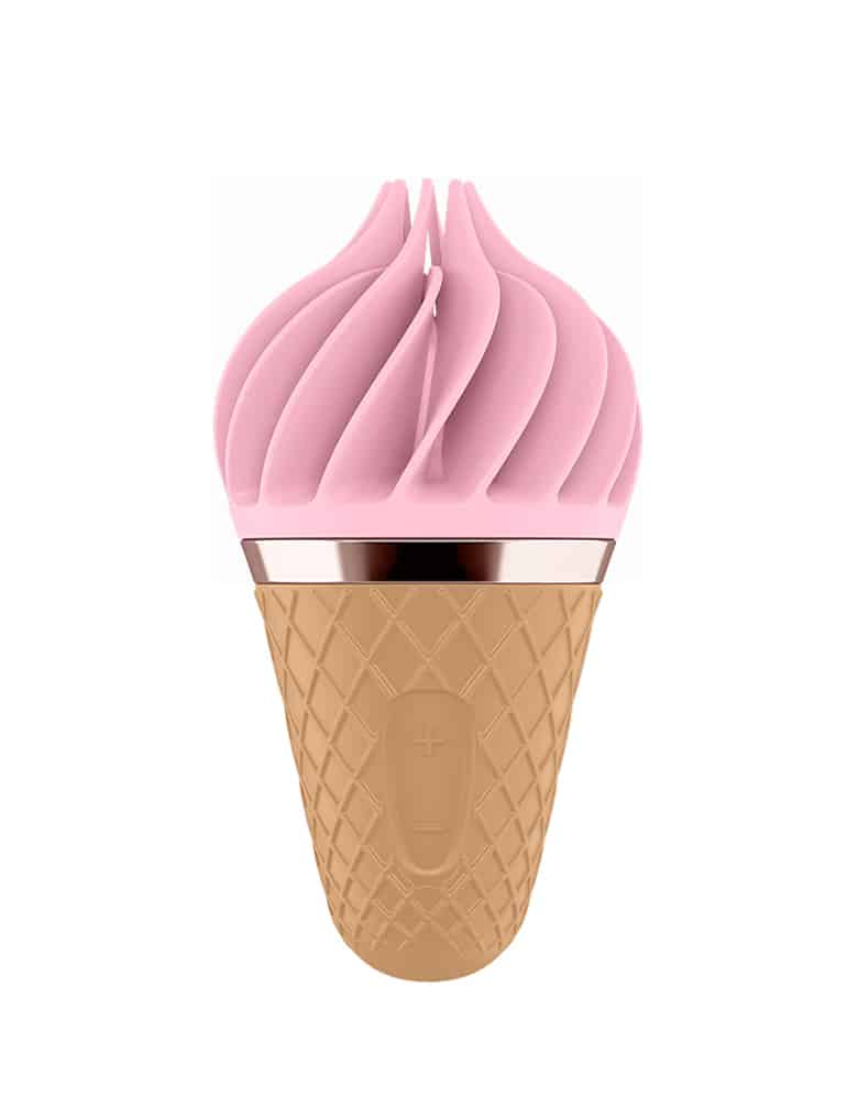 Masażer Satisfyer Sweet Treat ma kształt różowego loda włoskiego z beżowym wafelkiem i różowo-złotą obręczą między nimi.