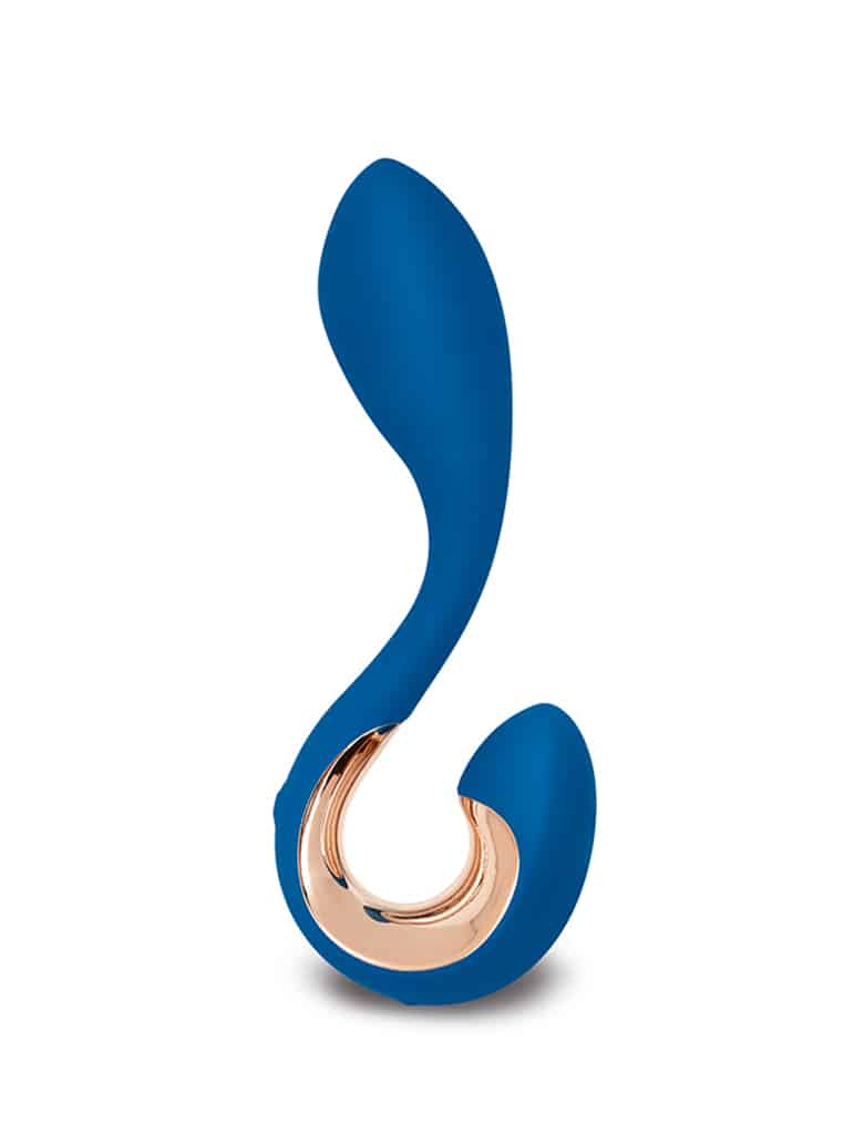 Masażer prostaty Gvibe Gpop 2 w kolorze indygo, o kształcie pytajnika ze złotą obręczą wewnątrz zaokrąglonej części.