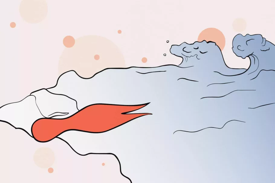 Na rysunku czerwony wibrator Svakom Siren o kształcie główki z płetwami płynie na tle fal i bąbelków.