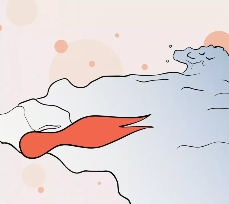 Na rysunku czerwony wibrator Svakom Siren o kształcie główki z płetwami płynie na tle fal i bąbelków.