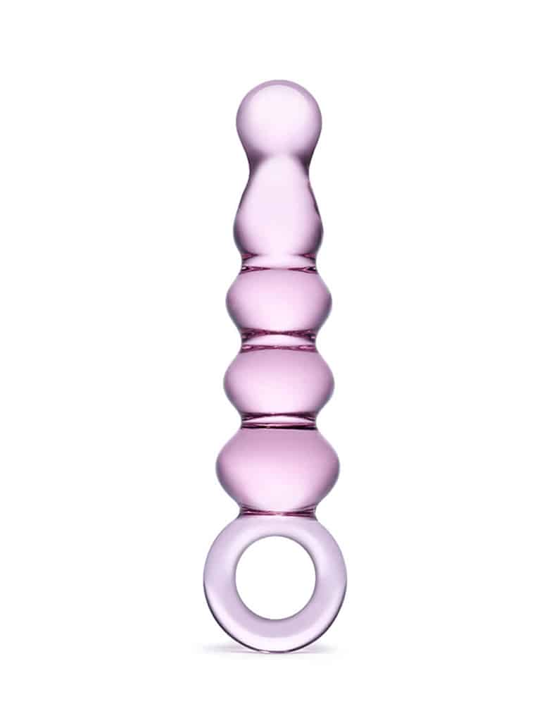 Koraliki analne Gläs Quintessence z różowego, przezroczystego szkła składają się z pięciu kulek i okrągłego uchwytu.