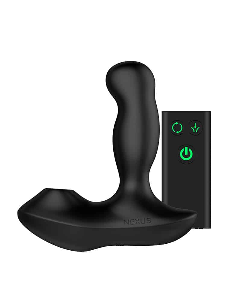 Czarny masażer prostaty Revo Air ma bezdotykową końcówkę, napis Nexus na podstawie i pilot ze świecącymi na zielono guzikami.