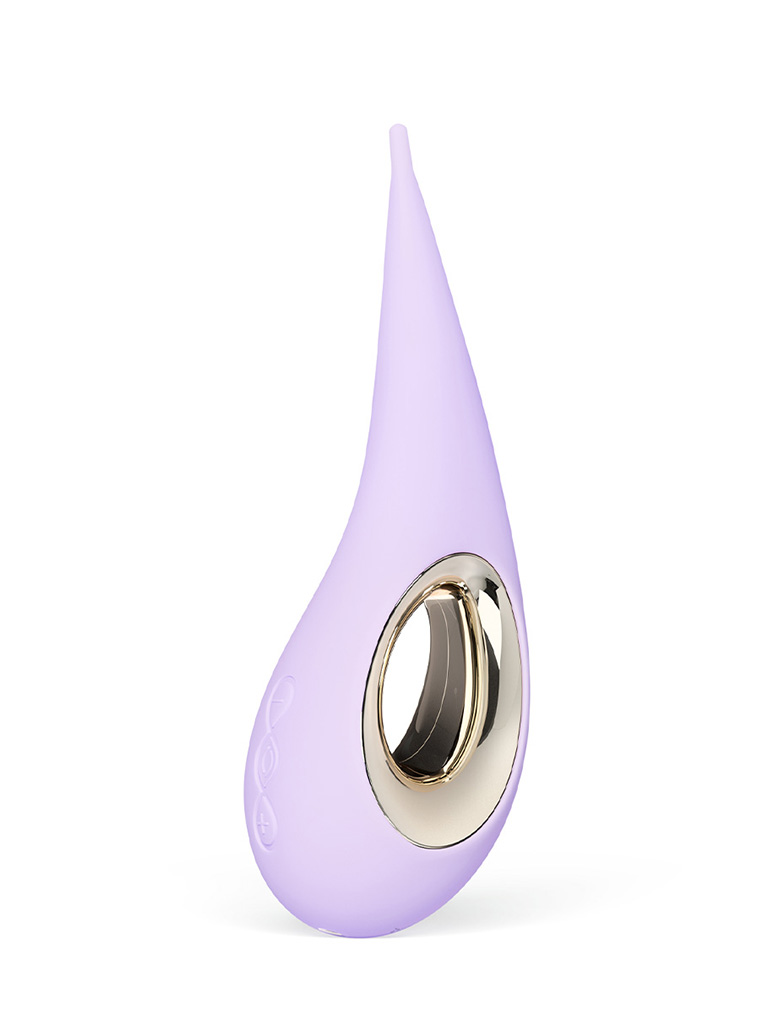 Liliowy, punktowy masażer LELO Dot ma kształt spływającej łezki, trzy przyciski i owalny otwór z błyszczącym wypełnieniem.