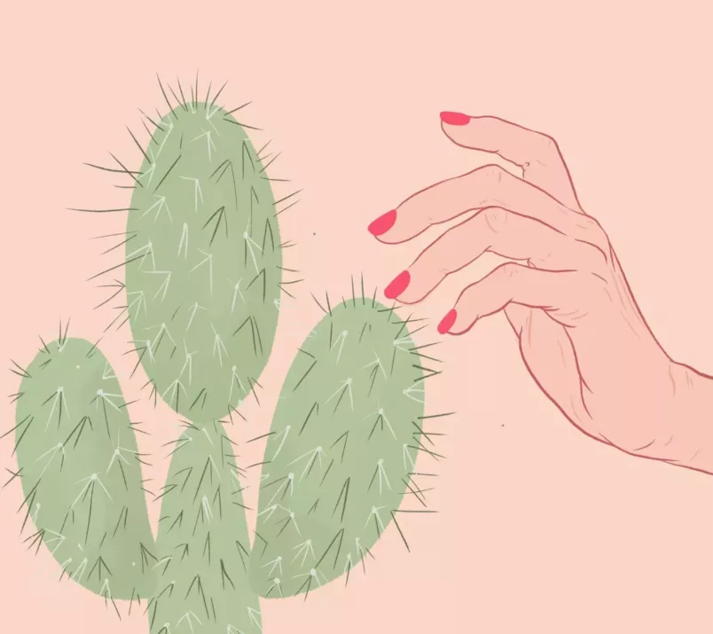 Dłoń z czerwonymi paznokciami sięga do kaktusa z dużymi kolcami.